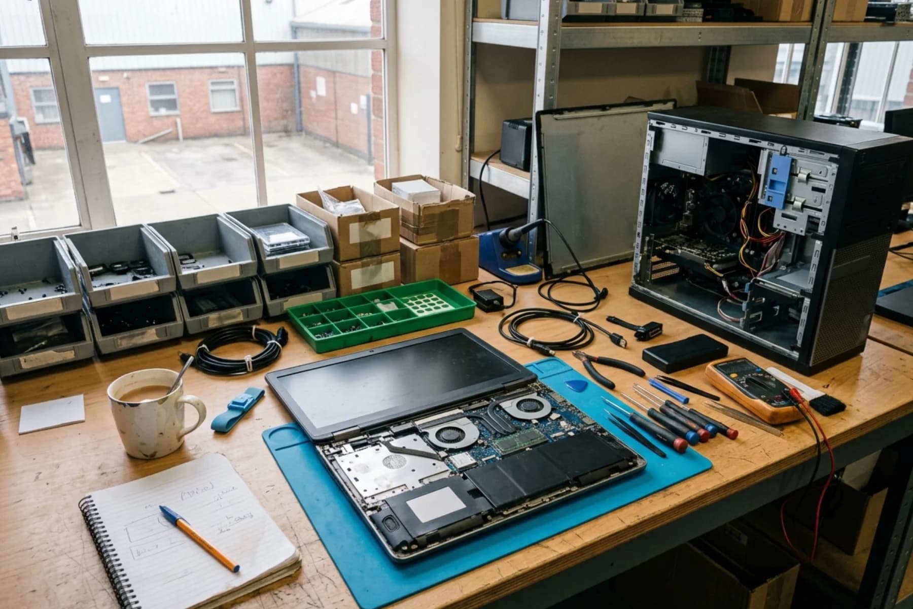 Repair bench with a laptop opened up mid-repair, a desktop PC with its side off, tools and parts trays
