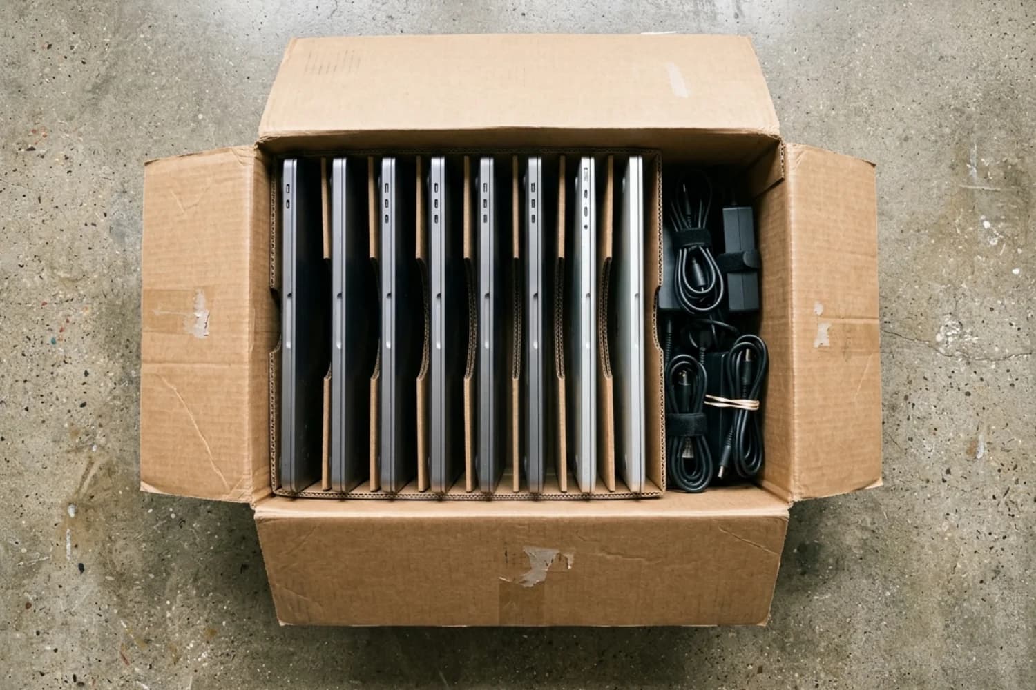 An open carton of ten laptops in cardboard dividers with their chargers