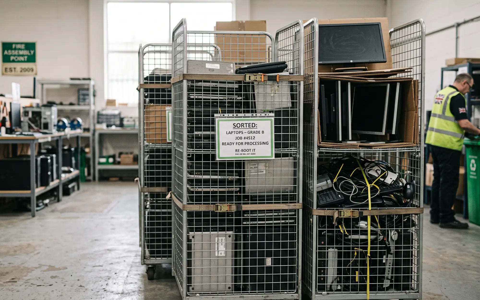 Cages of sorted equipment ready for processing