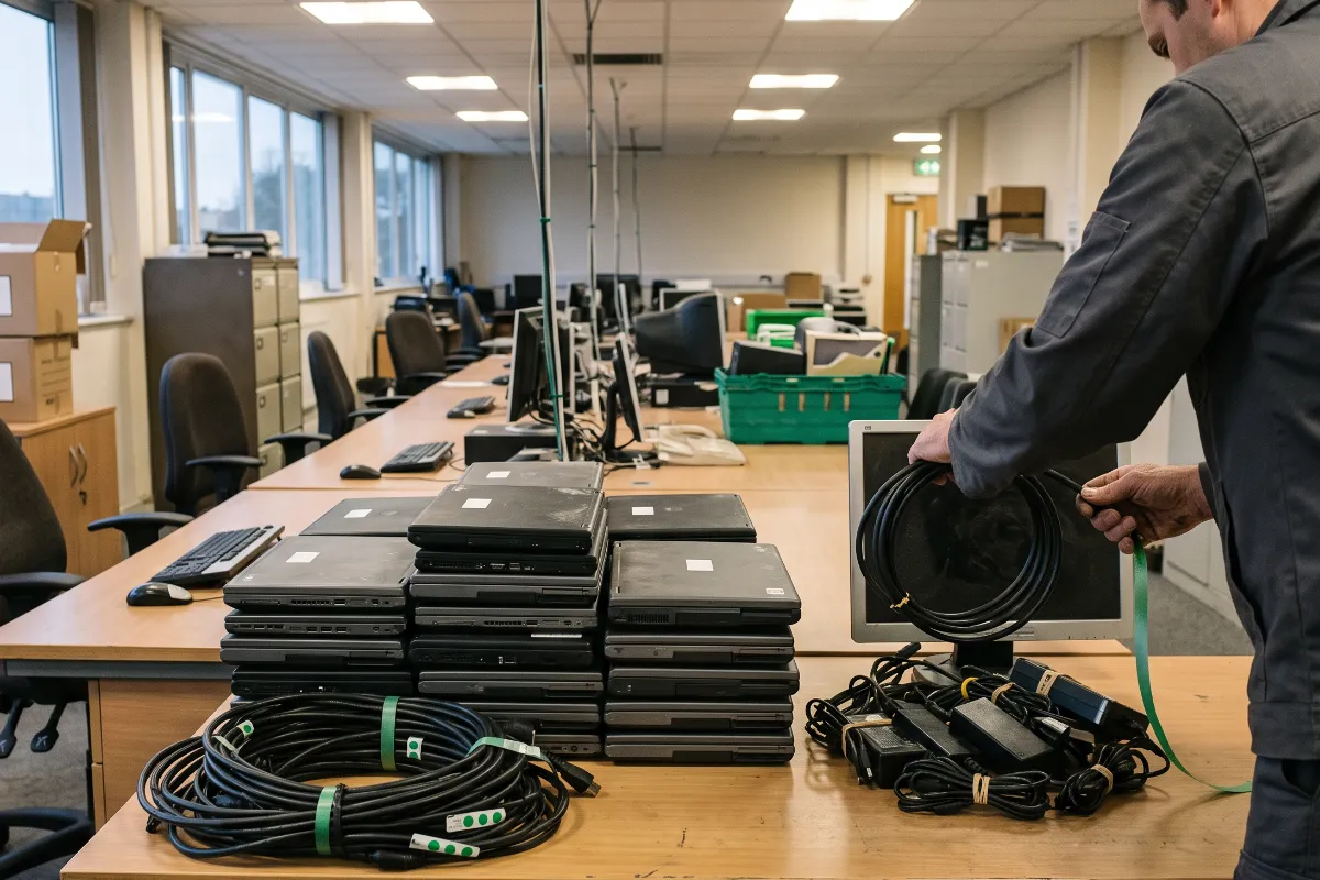 Office desks cleared, with stacked laptops and coiled cables ready for collection