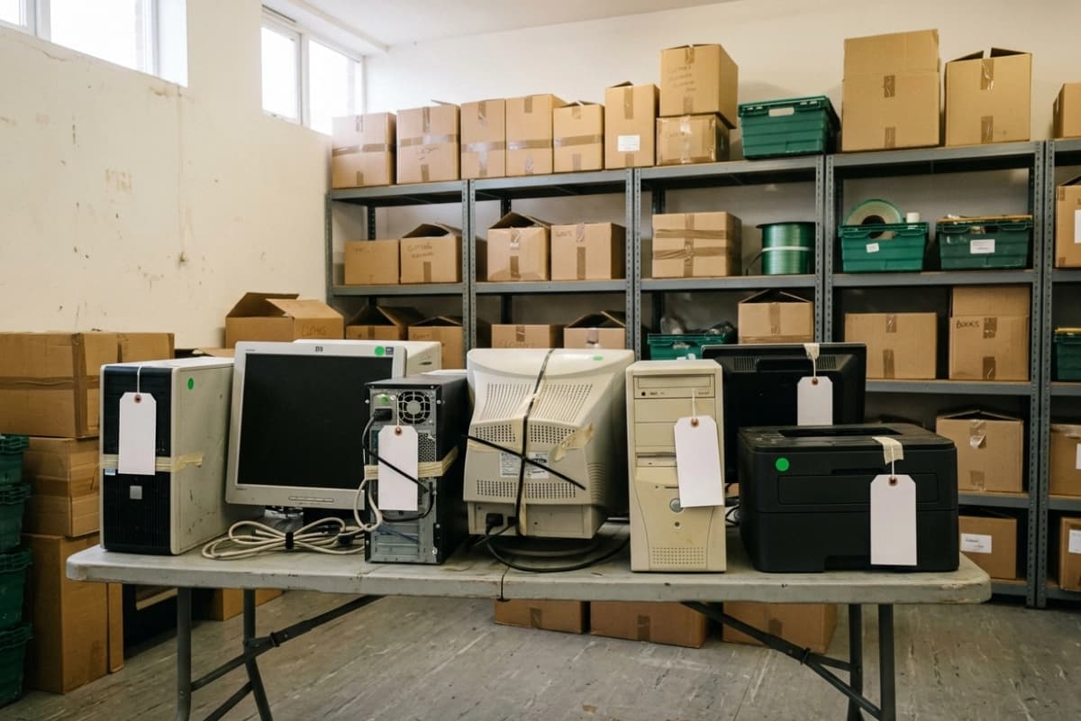 Charity storeroom table of donated computers and a printer, tagged for collection