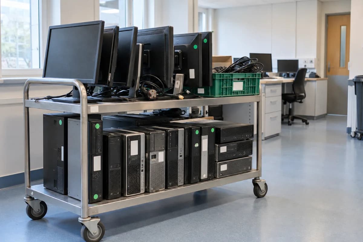 Hospital office trolley loaded with monitors and desktop computers