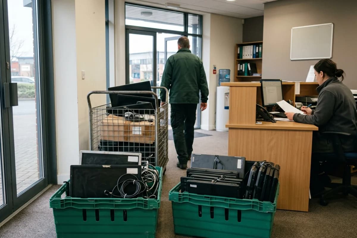 Reception area with crates of monitors and laptops waiting for collection